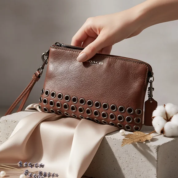 Coach Brown Leather Wristlet with Grommet Accents | Modern Classic Chic Style - Picture 11 of 13